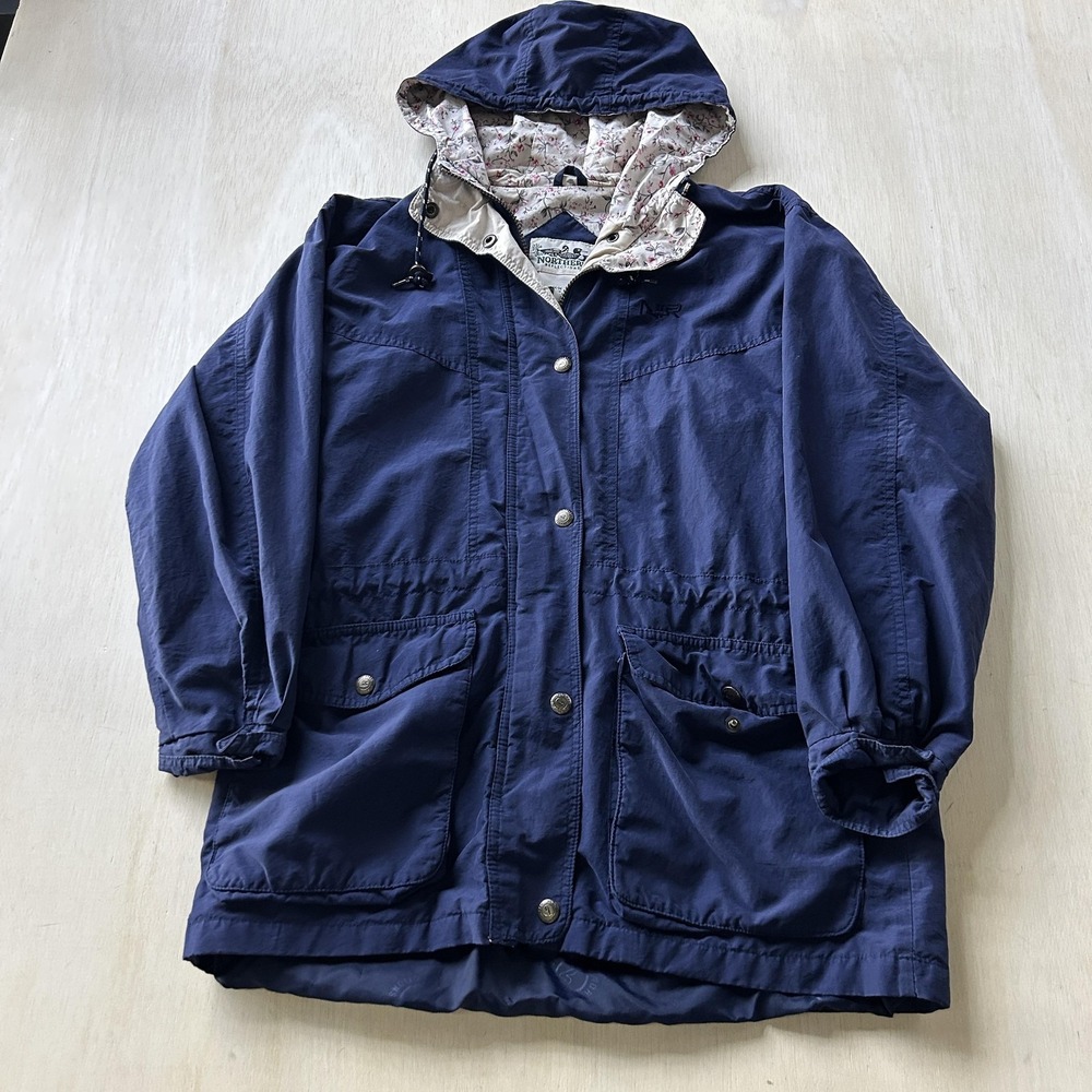 Vintage Northern Reflections Jacket Womens M Blue Hooded Floral Lined Zip Anorak